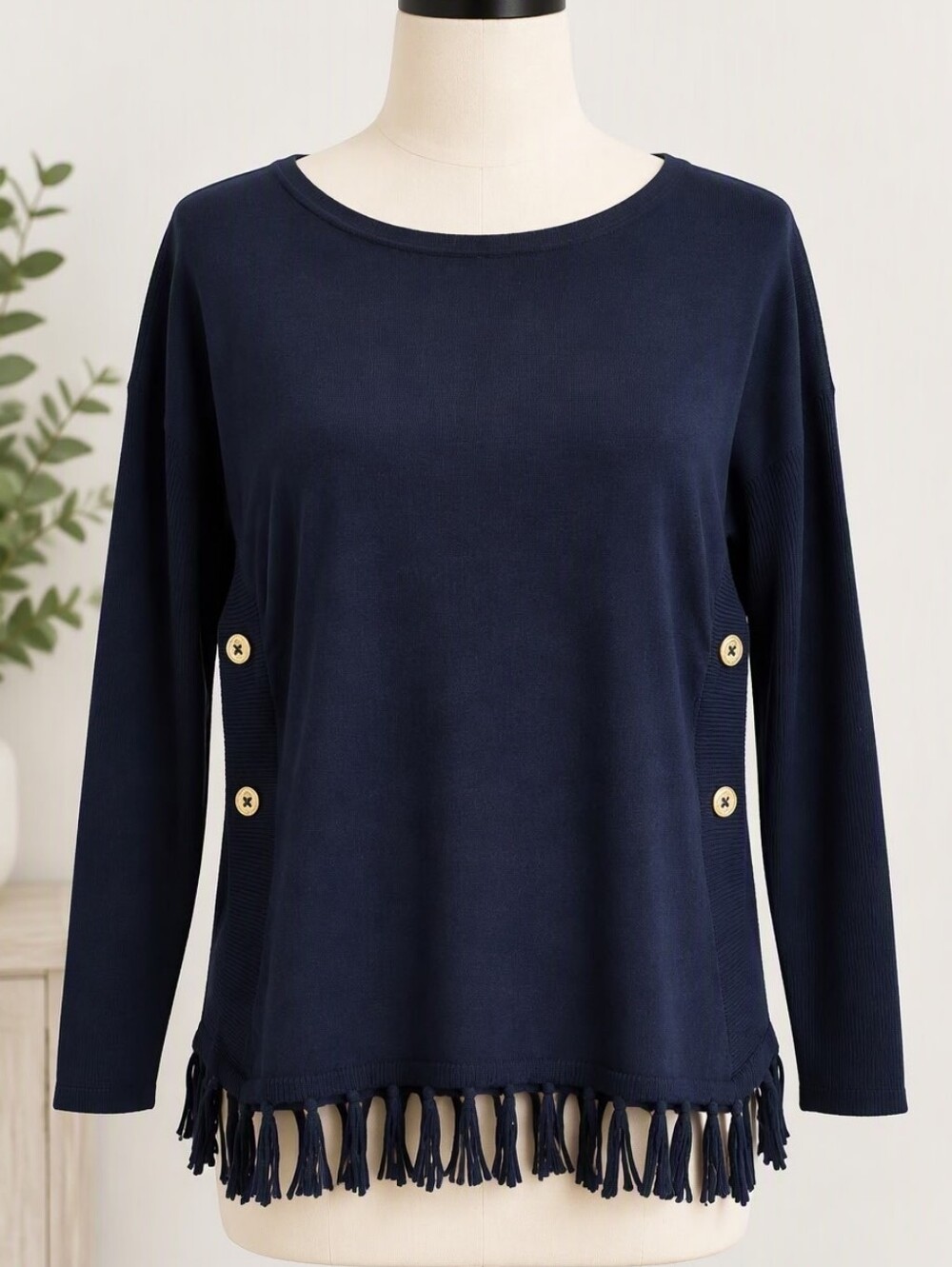 Lilly Pulitzer Navy Fringe-Hem Long Sleeve Top – Size S